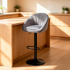 Modern Velvet Bar <b>Stool</b> <b>With</b> Tufted <b>Back</b> Adjustable Height Black Metal Base For Home Bar - Product Image 2