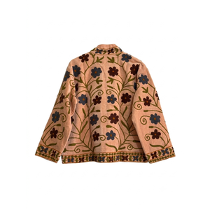 Dusty Peach Hand-Embroidered Floral Velvet <b>Jacket</b> Quilted Varsity Outerwear Stand Short Boho Reversible <b>Suede</b> Leather for Autumn - Product Image 4