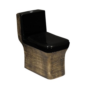Baño de artículos sanitarios indios: Juego de inodoro de cerámica con inodoro cuadrado moderno de lujo, color dorado y negro, inodoro de una pieza - Product Image 2