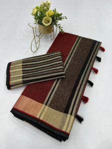 Sari de seda formal para mujer Sofisty con borde dorado, telar manual de lino blanco, estilo muy indio - Product Image 5