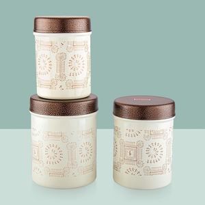 White <b>Warli</b> Print Metal Storage Jar Set Modern Ethnic Cylindrical Containers with Textured Lids - Product Image 2