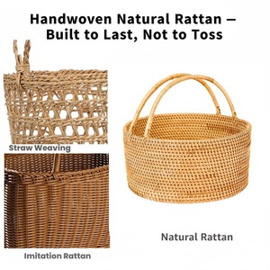 Cesta de Picnic Redonda de Ratán Natural Hecha a Mano con Asa, Cesta de Almacenamiento Multifuncional Moderna y Ecológica, Hecha en Vietnam - Product Image 6