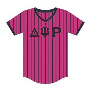 Delta Psi Rho Sorority Pink Pinstripe Pullover Jersey de béisbol Malla de poliéster Camiseta con cuello en V con relleno de bordado de huecos - Product Image 2