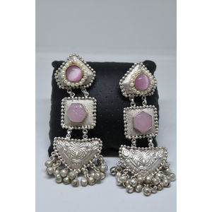 silver look alike brass new design handmade traditional stone <b>stud</b> big hoop earing for <b>girls</b> and women - Product Image 1