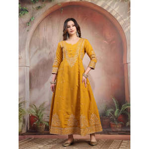 ชุดอานาร์กาลีผ้าไหมปักลายมัสตาร์ดสำหรับผู้หญิง พร้อมผ้าคลุมไหล่ ทรงเอ็มไพร์ - Product Image 6