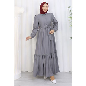 Robe grise modeste à demi-boutonnage, ornée de roses, avec ceinture, respirante, style élégant, fermetures éclair, motifs ajourés, ornée de diamants, tailles XS-XL, pour le quotidien et les fêtes - Product Image 5