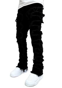 Pantalon pour homme, taille haute, coupe régulière, en toile empilée, déchiré, coupe slim, patchwork, délavé, droit, 100% coton, écologique - Product Image 6