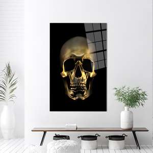 Art mural en verre trempé Crâne doré : Impression sur toile moderne pour Halloween, ART EN VERRE TREMPÉ - Product Image 1