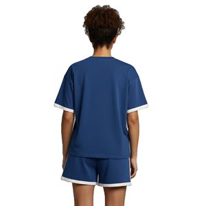 Ensemble court surdimensionné pour femmes, couleur unie, 100% coton, logo brodé personnalisé, t-shirt à col rond confortable, short pour femmes - Product Image 3