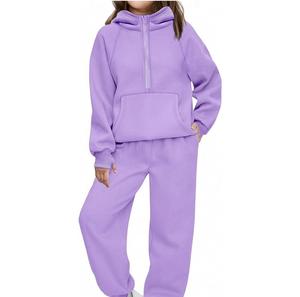 Conjunto Deportivo de Sudadera con Capucha y Media Cremallera, Liso, de Felpa, de Algodón, para Invierno, Transpirable, para Niñas - Product Image 2