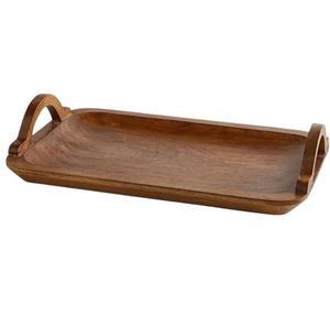 Plateau de service rectangulaire incurvé en bois avec poignées latérales, style rustique en acacia, pour snacks, desserts, thé, café, décoration de table - Product Image 1