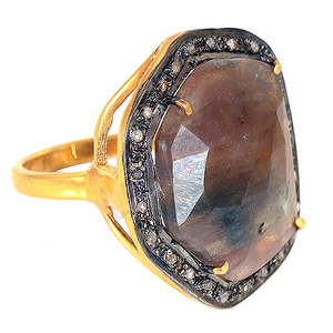 Bague pour femme en or plaqué fin, avec pierre précieuse marron, halo de diamants, style vintage, vermeil rhodié, sertissage fin - Product Image 3