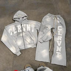 Ensemble pantalon et sweat à capuche Vintage évasé en éponge française surdimensionné personnalisé survêtement patch de broderie en détresse lavé à l'acide survêtements - Product Image 5