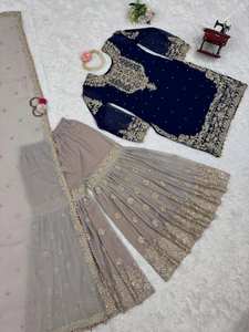 ชุดสูทชาวปากีสถานอินเดียชุดประชาราอินเดียสีฟ้าดีไซน์สำหรับงานแต่งงาน kurti sharara dupatta, kameez ชุดออกงานปาร์ตี้ชุดราตรี kurti - Product Image 2