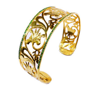 Handmade 925 <b>Sterling</b> <b>Silver</b> Wedding Wear <b>Cuff</b> Bangle with Green Zirconia Gemstones Unique Trendy Traditional Fashion <b>Bracelet</b> - Product Image 1