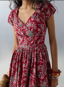 Bombay Paisley Red Floral <b>Pattern</b> Cotton <b>A</b>-<b>Line</b> <b>Dress</b> - Product Image 4