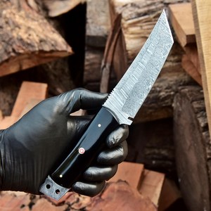 Cuchillo Tanto de Hoja Fija de Acero de Damasco de Grado Industrial OEM, Mango de Cuerno de Toro, Funda de Transporte, Hoja Completa, para Supervivencia, Caza - Product Image 2
