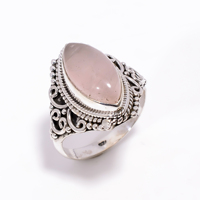 Bague en argent sterling 925 faite à la main avec un cabochon en quartz rose naturel de forme marquise, filigrane, pour femme, petite amie, unisexe, anniversaire