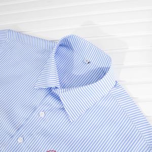 Men Striped <b>Short</b> <b>Sleeve</b> <b>Button</b>-<b>Up</b> Tshirt Turn-Down Collar Business Casual Blue Knitted 100% Cotton Anti-Wrinkle for Office - Product Image 3