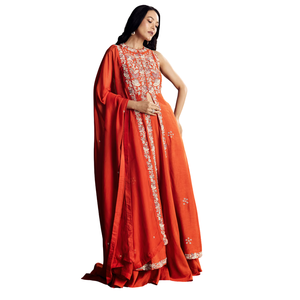 Costume Palazzo en Soie Orange Avec Moti Et Coupe Dana Work Vente en Gros Vêtements Ethniques pour Femmes OEM Vêtements Fournisseur d'Usine Mariage Personnalisé - Product Image 1