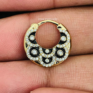 14K Solid <b>Gold</b> Micro Set Natural Diamond Septum Clicker Piercing with Black Enamel Fine Jewelry. - Product Image 2