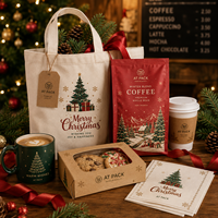Coffret cadeau de Noël personnalisé AT PACK avec sachets de café, tasses, sac fourre-tout, boîtes cadeaux, serviettes et accessoires de café pour les fêtes