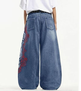 Wide Leg Denim <b>Jeans</b> High Waist Stonewashed Cotton Loose Fit Embroidered <b>Floral</b> Streetwear Pants Autumn Style - Product Image 2