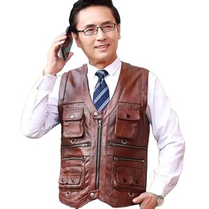 Gilet de moto en cuir véritable de vache respirant et épais pour l'hiver, sans manches, multi-poches, pour hommes - Product Image 4