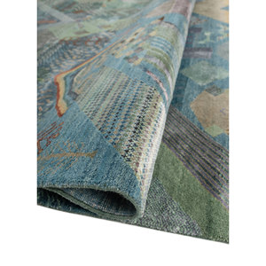 Tapis Manchaha bleu noué à la main en laine, soie de bambou et coton biologique, motif patchwork pour la maison, le salon, le couloir, en jute - Product Image 2