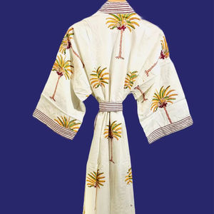 ชุดคลุมกิโมโนผ้าฝ้ายพิมพ์ลายต้นปาล์มด้วยมือ 100% ผ้าฝ้าย ชุดคลุมอาบน้ำผู้หญิงสไตล์อินเดีย ชุดคลุมลำลองน้ำหนักเบา ไซส์ใหญ่ - Product Image 1