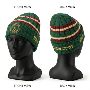 Premium 300 GSM Acrylic Knit Ice Hockey Uniform Beanie Maroon Blue <b>Yellow</b> Stripe Pattern Embroidered Custom Logo - Product Image 3