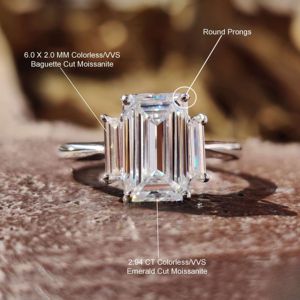 Impresionante anillo de moissanita y diamante de corte esmeralda en oro de 10 quilates para fiesta de compromiso de boda y aniversario de mujer - Product Image 4