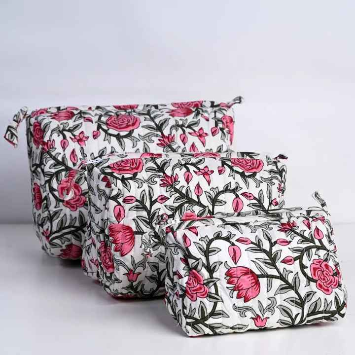 custom made cotton printed quilted kantha stitched 3 piece zippered pouch set ideal for home textile stores for resale