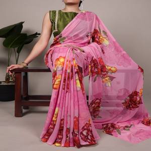 VASTRA COTTAGE Chiffon <b>Saree</b> Floral Print with Fully Stitched Banglory Blouse Ethnic Wear <b>Women</b> Traditional Designer <b>Saree</b> - Product Image 1