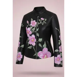 Blouson moto en cuir peint à la main pour femme, logo personnalisé, satin, cristal, fourrure brodée, polyester doux, coton, taille XL pour l'automne et l'hiver - Product Image 5