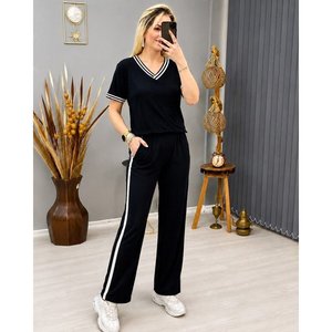 Conjunto de Dos Piezas para Mujer, Blusa de Manga Corta con Cuello en V de Viscosa de Dos Hilos y Pantalones, 35468 - Negro - Product Image 1