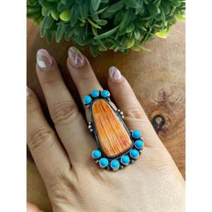 Dean Brown Size 8.75 Sterling Silver <b>Ring</b> with Spiny Oyster & Kingman <b>Turquoise</b> Bezel Setting Inlay for Everyday Wear - Product Image 2