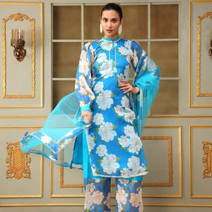 GUL FIZA Kurta con estampado de organza para mujer con pantalones de algodón, conjunto de traje recto moderno bordado y Dupatta para fiestas - Product Image 1