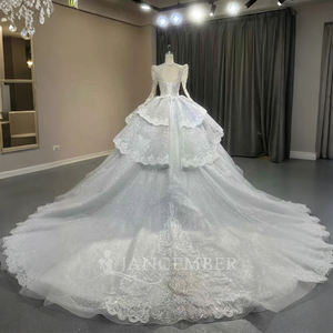 Robe de mariée longue bleue pour femme, modèle OY009, moderne, scintillante, à col carré, broderie florale en dentelle et sequins, avec traîne chapelle - Product Image 2