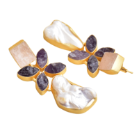 Anting-anting gantung kuningan alami mutiara air tawar amethyst rose quartz gaya bohemian desain bunga lapis emas 18K bebas nikel
