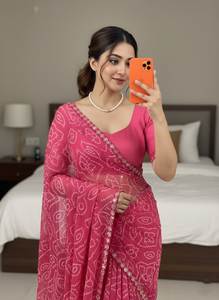 Sari en georgette pur très tendance avec imprimé bandhani sur toute la surface, sari en georgette bandhani avec un design de dentelle complexe - Product Image 3