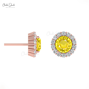 Nouvelle arrivée solide 14k or naturel jaune saphir pierres précieuses boucles d'oreilles 1mm taille ronde diamant Halo goujons pour elle au meilleur prix - Product Image 1