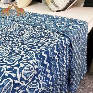 High Quality Cotton <b>King</b> <b>Size</b> Kantha Bedcover Hand Block Print Patchwork Indigo <b>Quilt</b> Coverlet for Home Use - Product Image 6