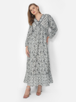 Sati Factory Été Casual Coupe Droite Longue Coton Maxi Robe Col V Motif Imprimé Floral Manches Longues Taille Empire Blanc Noir