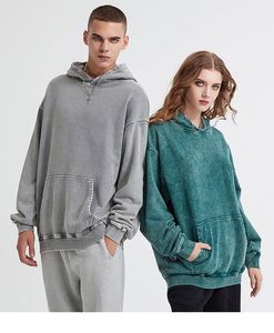 Sudadera con capucha de gran tamaño para hombre Parejas Sudaderas con capucha de peso pesado Vintage Acid Wash Cotton Fleece Street Sudaderas con capucha térmicas - Product Image 2