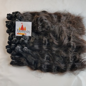 Machine indienne brute non transformée de temple double trame vague profonde cuticule alignée en gros faisceaux de couleur naturelle cheveux humains noirs - Product Image 4