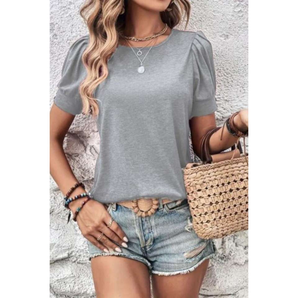 Short Sleeve Crew Neck Sleeve Detail Viscose Blouse Gray