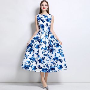 Robe d'été romantique <span class=keywords><strong>sans</strong></span> manches à taille haute, jupe mi-longue de style socialite, coupe trapèze avec une couture tissée tridimensionnelle - Product Image 1