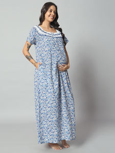 Camisón de Maternidad de Algodón 100% para Mujer, Manga Media, Largo Completo, Tejido Transpirable, Cuello con Estampado Floral, Elegante para Verano, 300g - Product Image 4