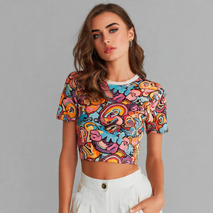 Haut de sport pour femme, imprimé par sublimation, yoga, exercice, col rond, t-shirt court, débardeur pour femme, t-shirt d'exercice par sublimation - Product Image 4